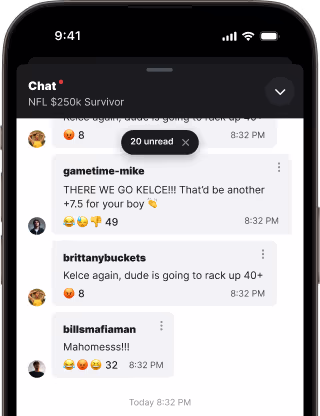 Screenshot of in-contest chat interface on a mobile device, showing conversation bubbles between users discussing game picks and standings.