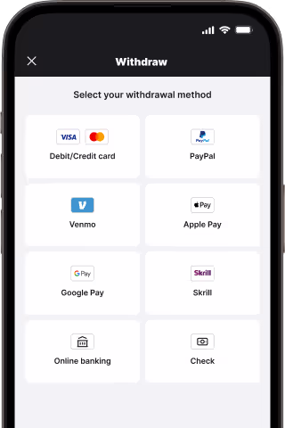 The withdrawal screen shows various payment method options including credit cards and PayPal.