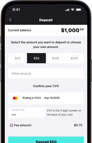 The deposit screen displays preset amount options and a $1,000 balance. 